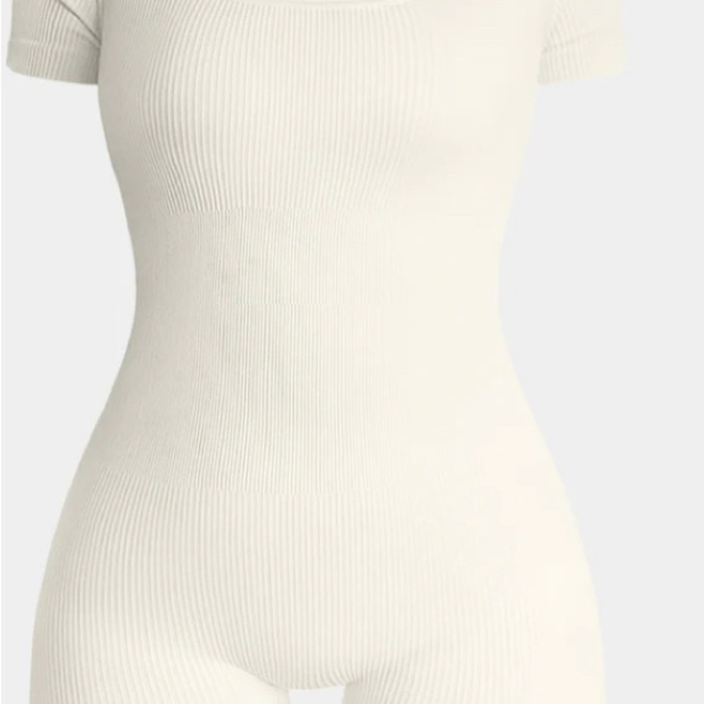 Beige Ribbed Short Sleeve Jumpsuit